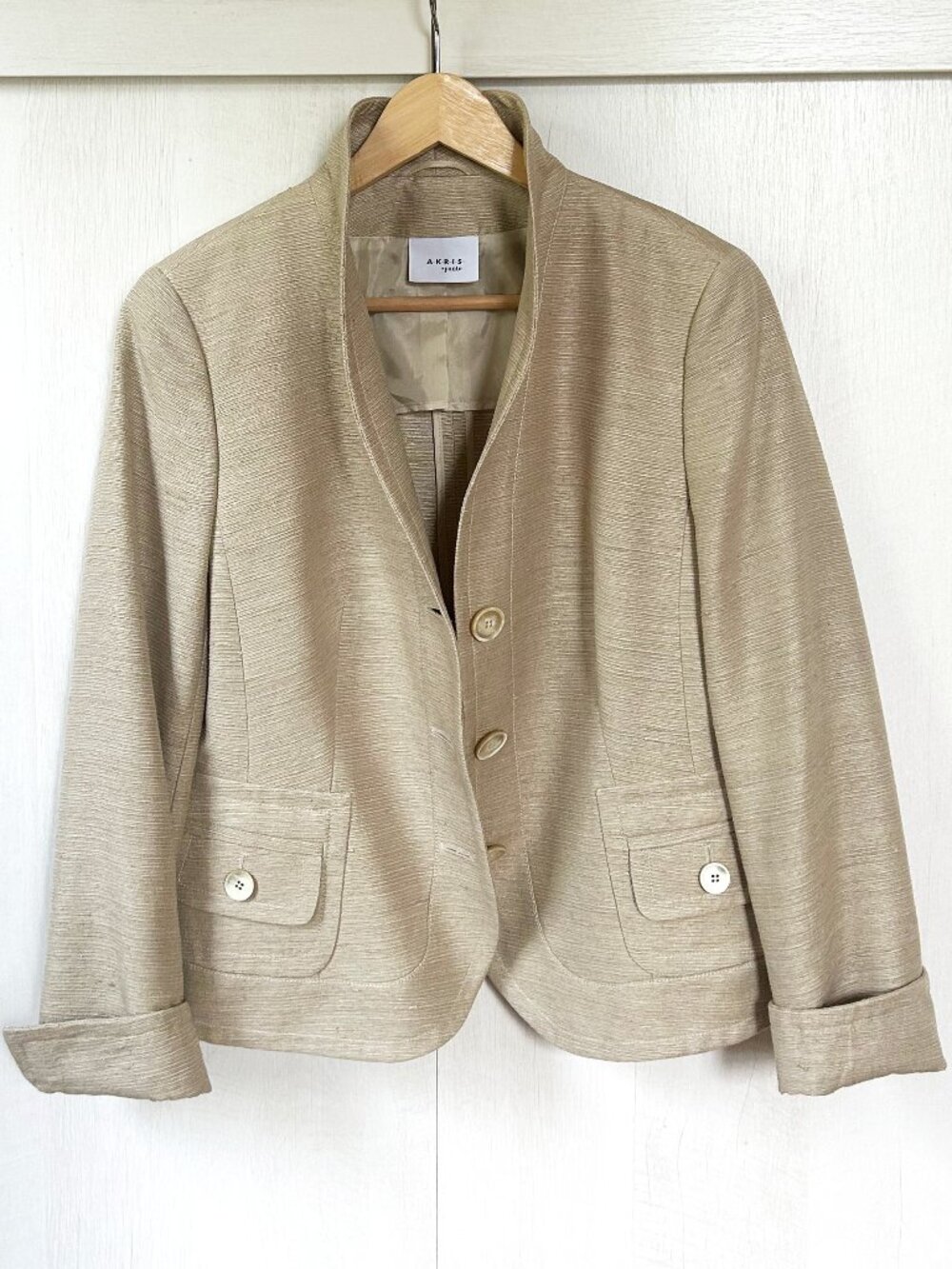 Akris Punto Women's Silk Blazer Stand Collar Jacket Light Tan Beige US 10